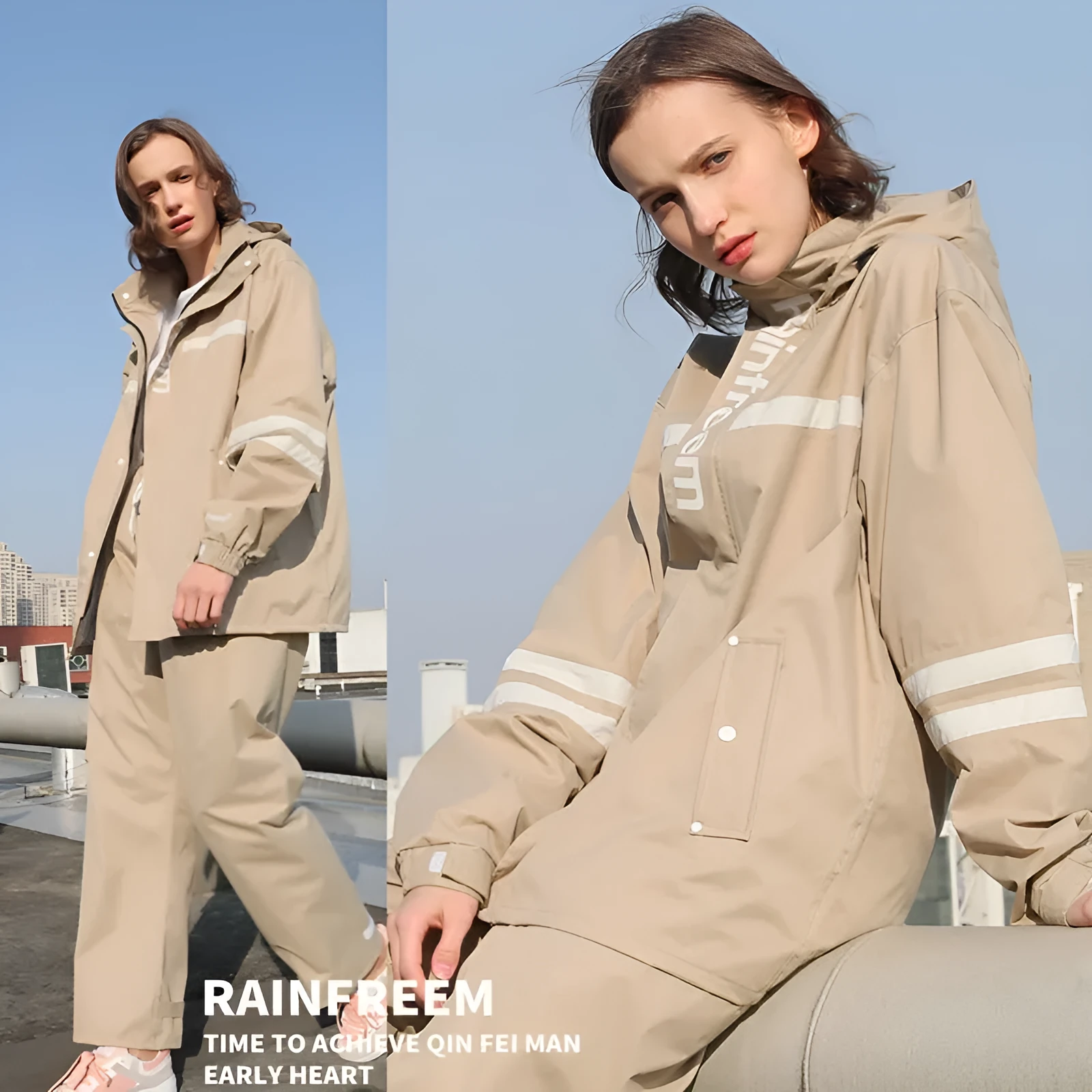 Double-layer riding raincoat and pants set in cherry blossom pink for adults