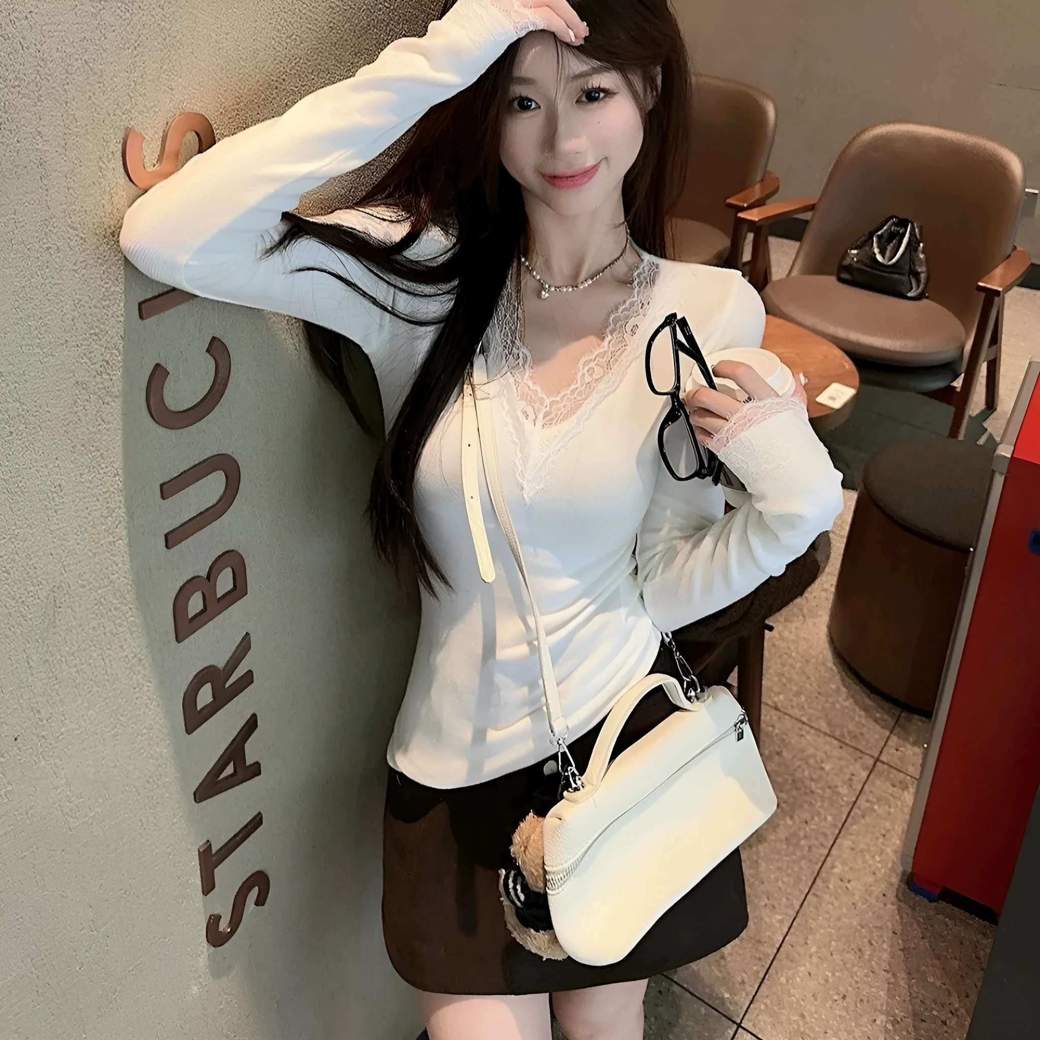 White V-neck Dralon lace stitching brushed long sleeve knitted top for women, slim fit, polyester, front view