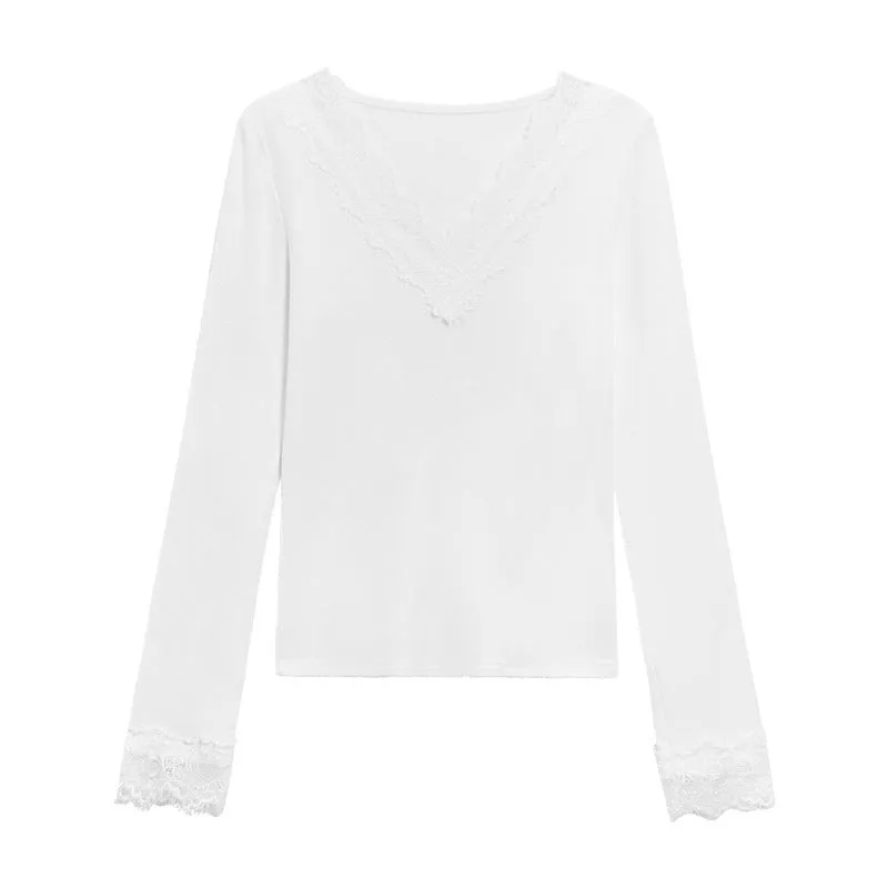 White V-neck Dralon lace stitching brushed long sleeve knitted top for women, slim fit, polyester, front view