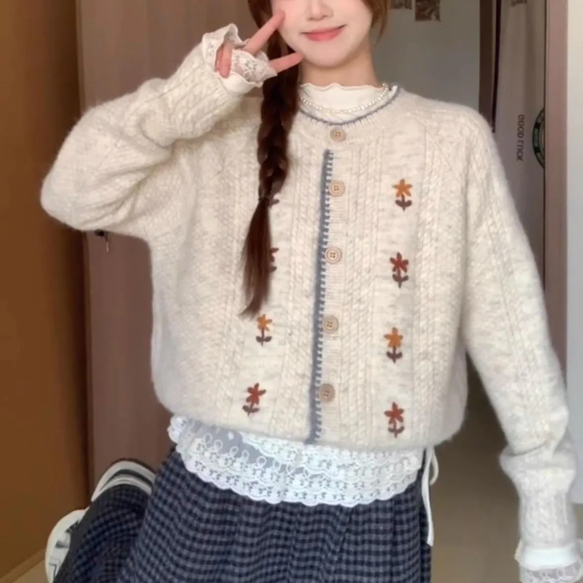 Women's oatmeal knitted cardigan with flower pattern, round neck, button front, long sleeves