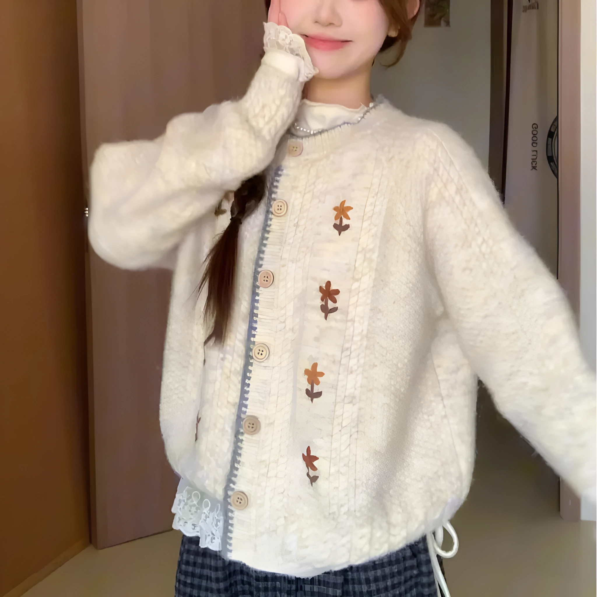 Women's oatmeal knitted cardigan with flower pattern, round neck, button front, long sleeves