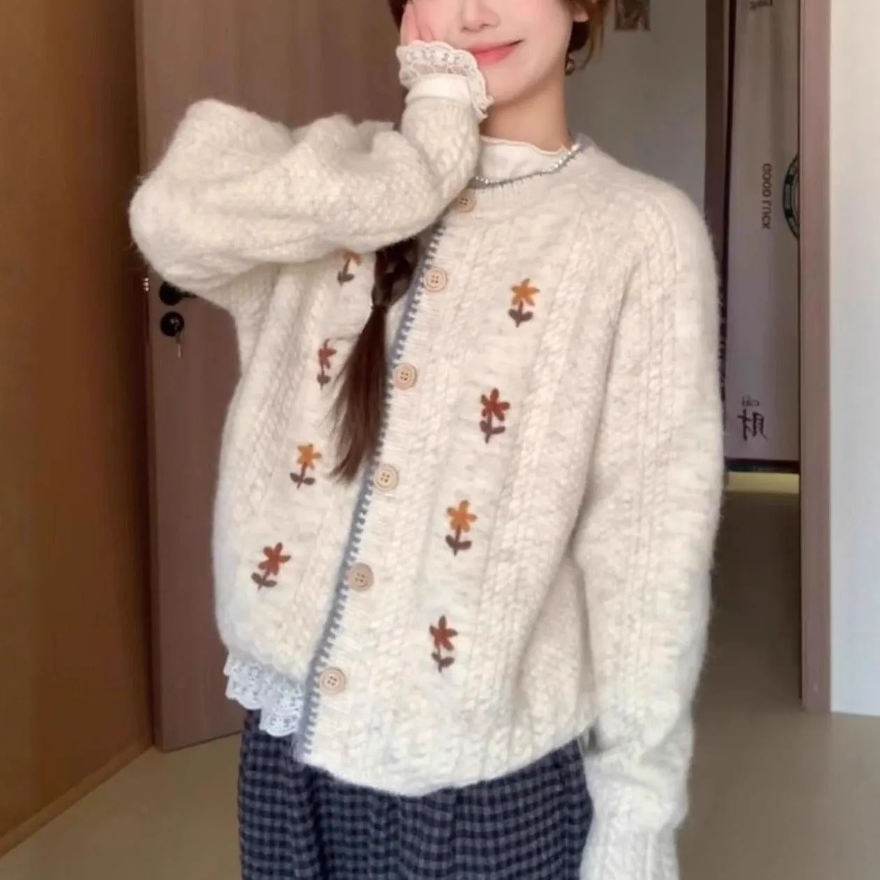 Women's oatmeal knitted cardigan with flower pattern, round neck, button front, long sleeves
