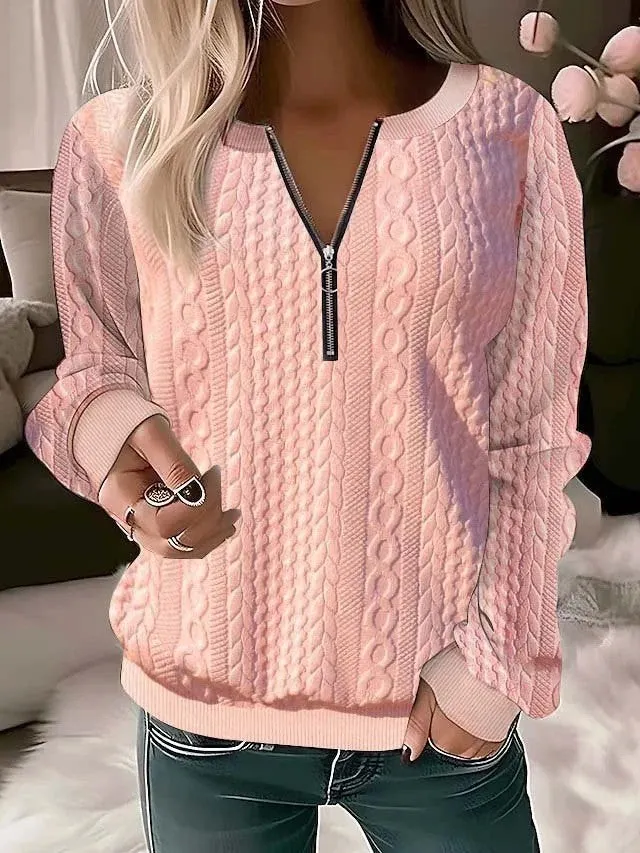 Women's zipper cardigan in apricot with 3D effect pattern, loose fit, and front zipper closure