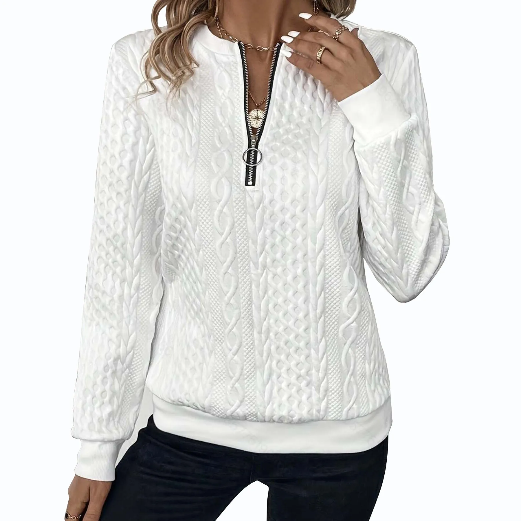 Women's zipper cardigan in apricot with 3D effect pattern, loose fit, and front zipper closure