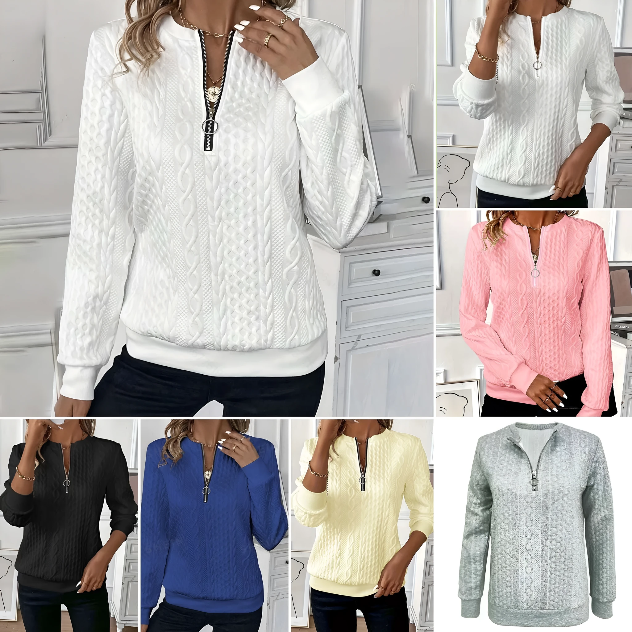 Women's zipper cardigan in apricot with 3D effect pattern, loose fit, and front zipper closure
