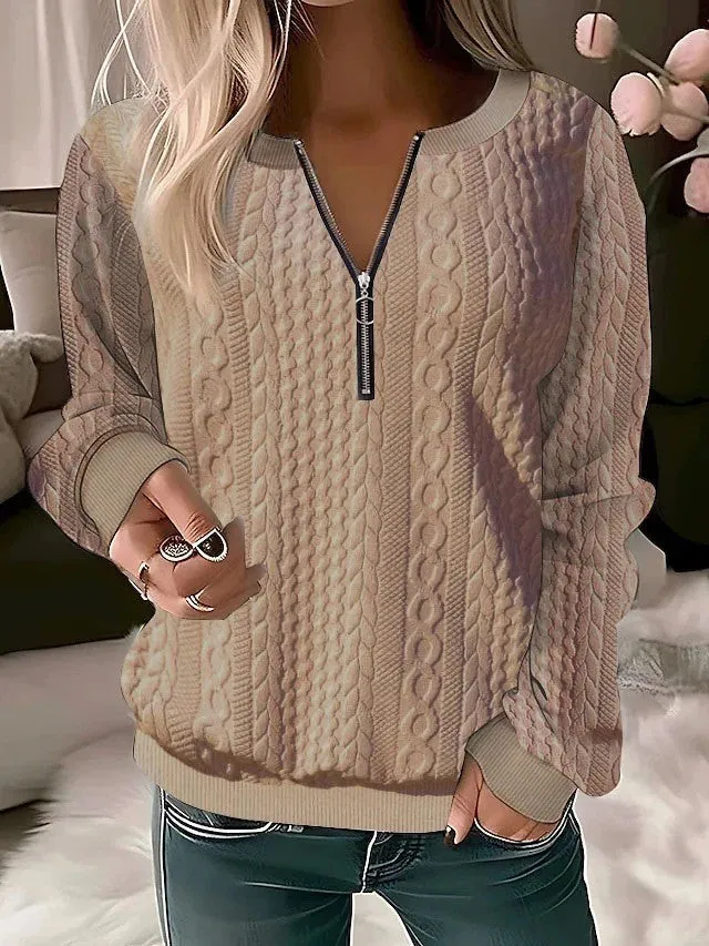 Women's zipper cardigan in apricot with 3D effect pattern, loose fit, and front zipper closure