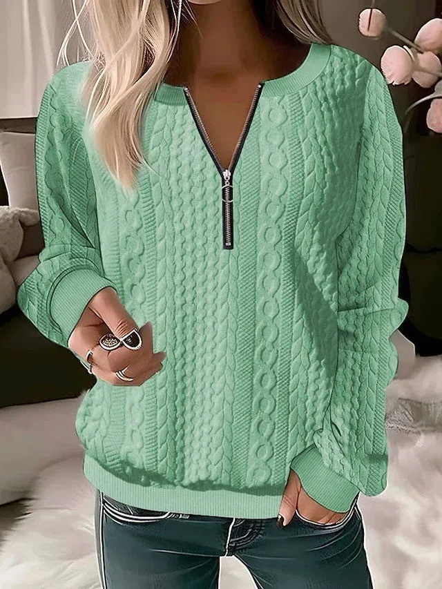 Women's zipper cardigan in apricot with 3D effect pattern, loose fit, and front zipper closure