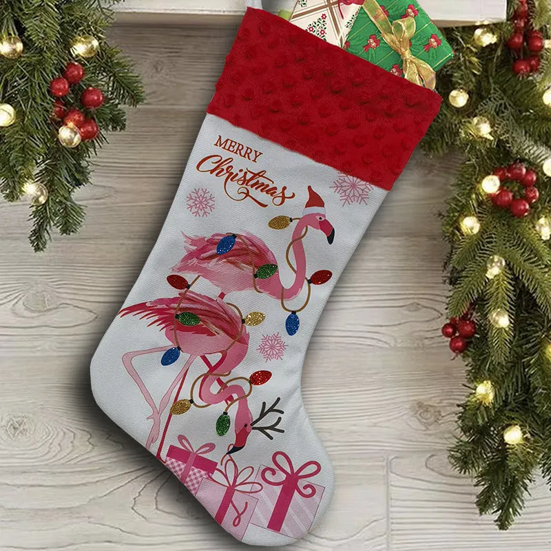 Flamingo design cloth Christmas stocking, 46cm long, in one of three colourful American styles.