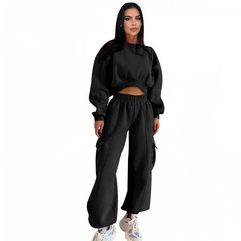 Women's round neck sweatshirt and high waist pocket sweatpants set in solid colour, loose fit, polyester fibre