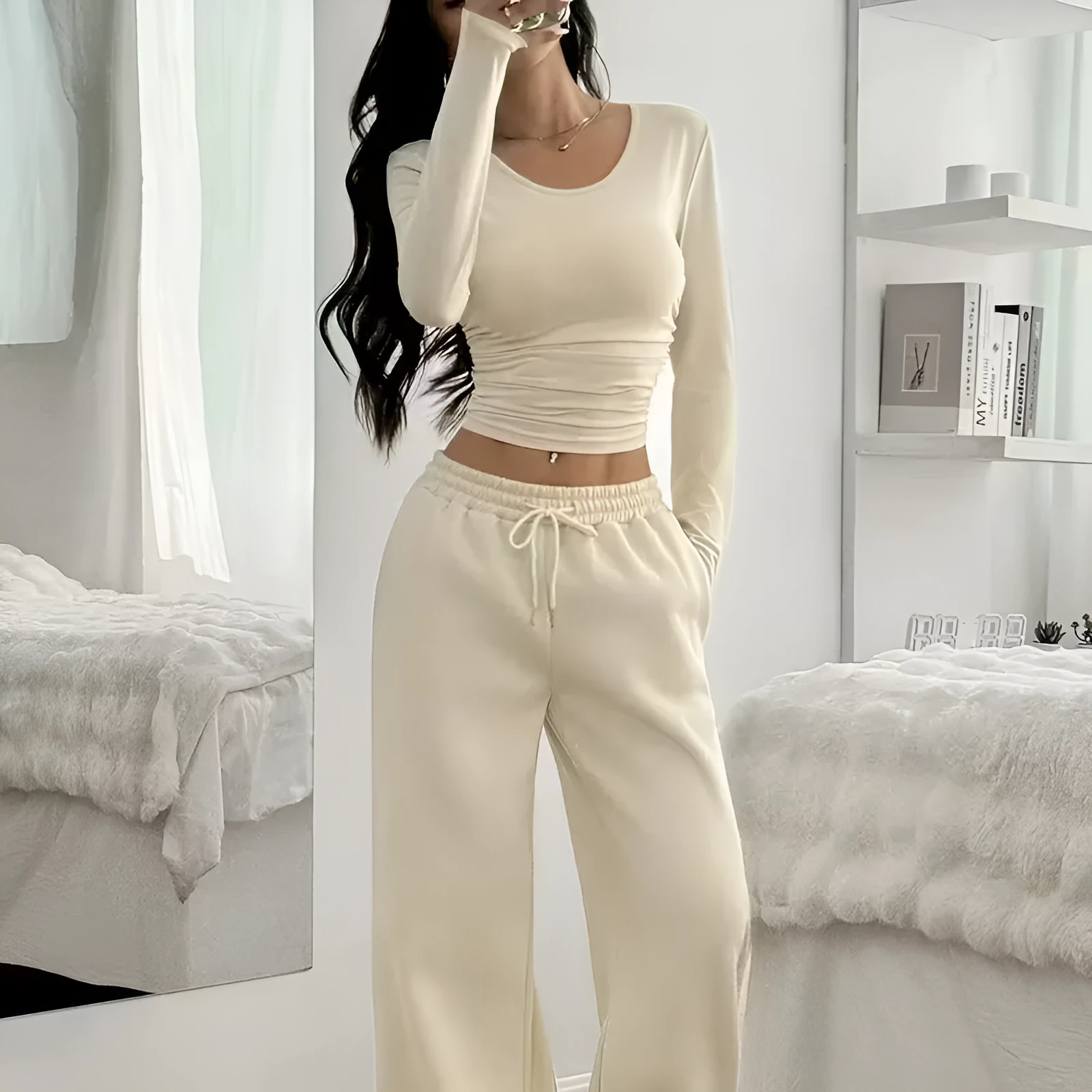 Women's knitted polyester vest pants suit in beige white with long sleeves and solid colour retro style
