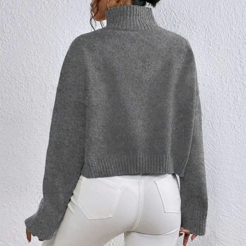 Loose versatile basic pullover for women in grey, round neck, long sleeves, medium thickness