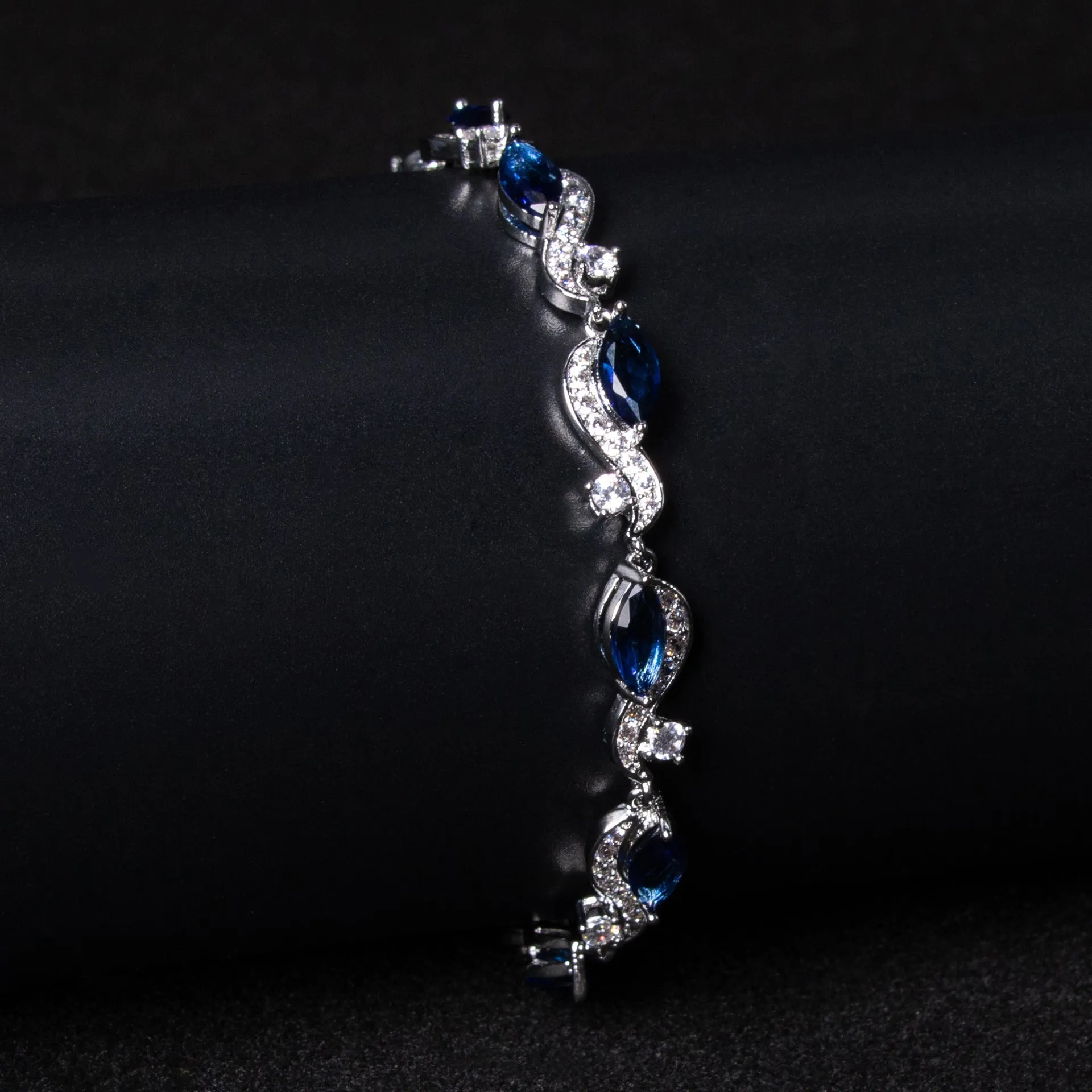 Zircon line bracelet for women, copper geometric shape, inlaid zircon, blue colour option