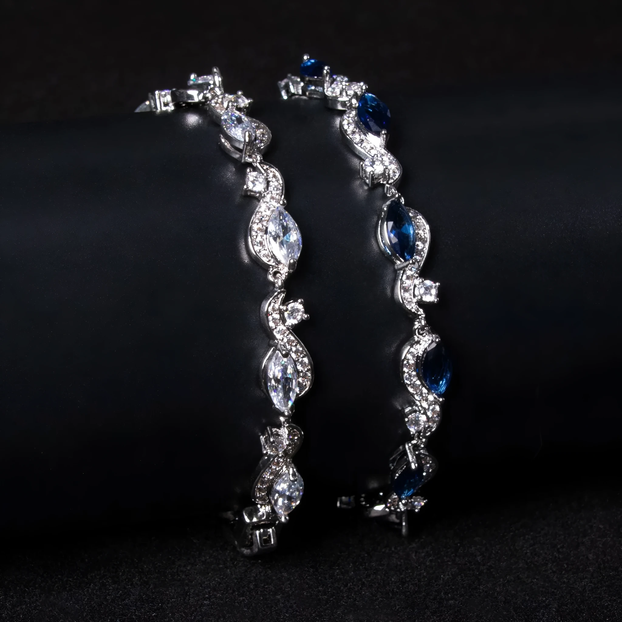 Zircon line bracelet for women, copper geometric shape, inlaid zircon, blue colour option
