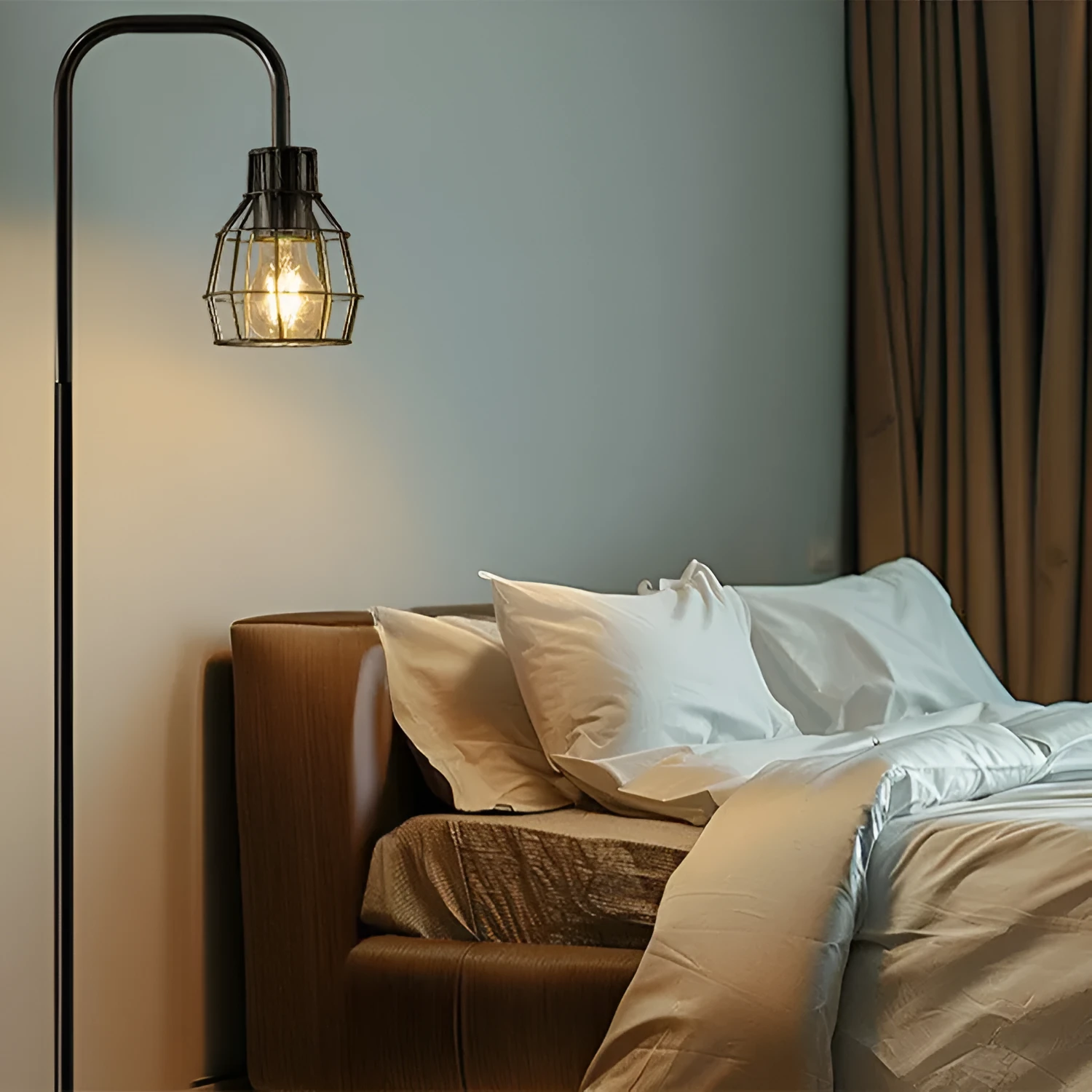 American country retro LED bedside lamp with black metal shade and USB port on bedside table