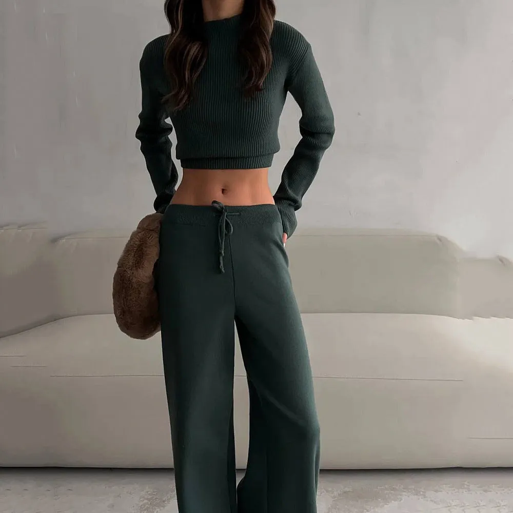 Women's cotton blend leisure suit set long-sleeve top and trousers solid colour apricot or green street fashion