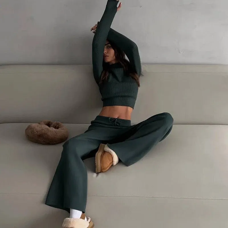 Women's cotton blend leisure suit set long-sleeve top and trousers solid colour apricot or green street fashion