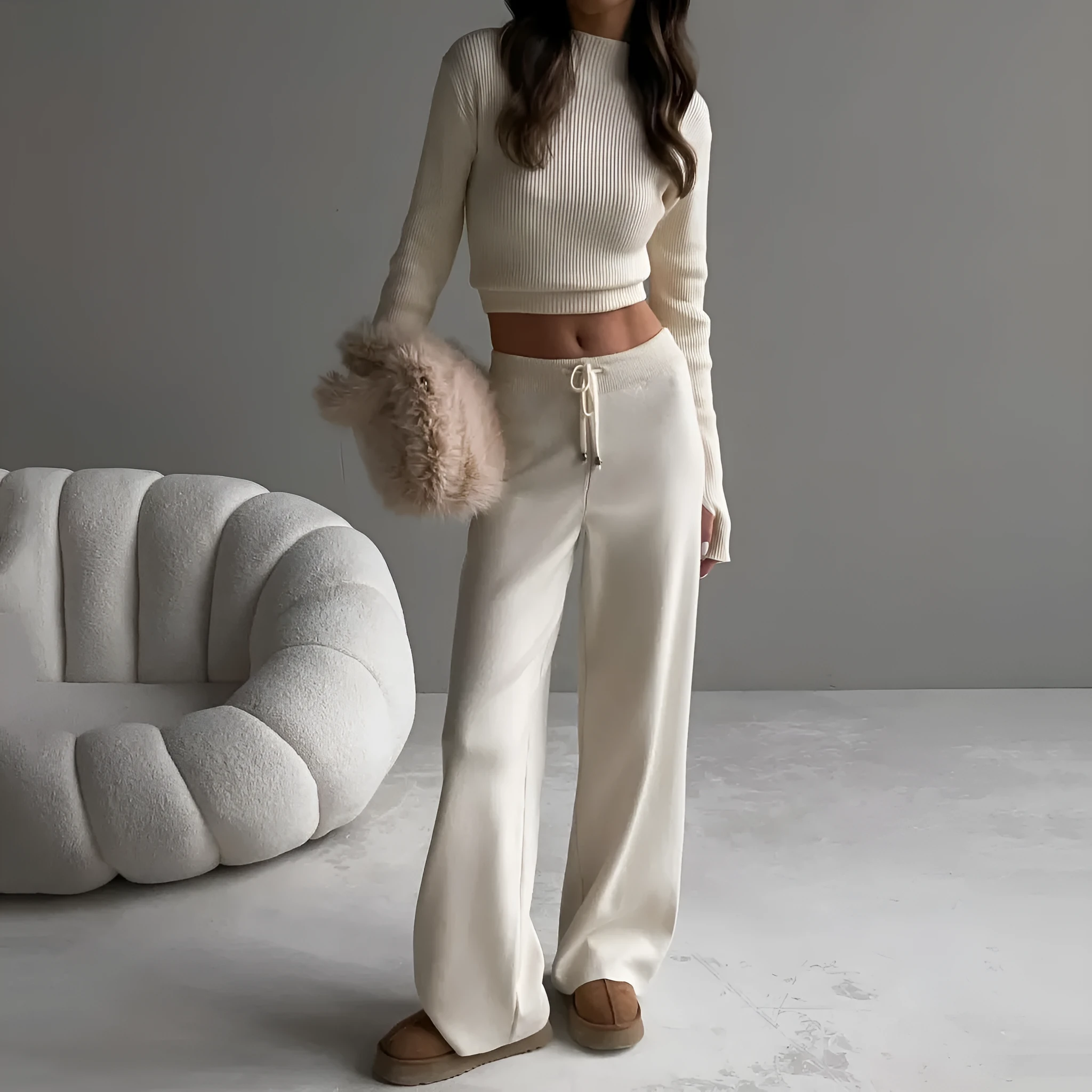 Women's cotton blend leisure suit set long-sleeve top and trousers solid colour apricot or green street fashion