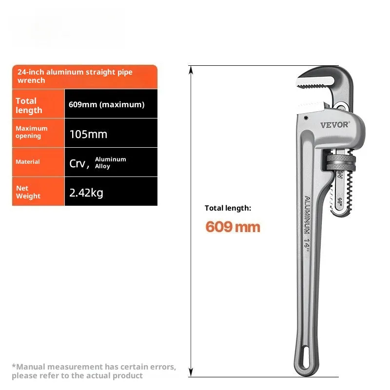 Aluminium heavy straight pipe wrench 18 inch with 95mm jaw opening on grey background