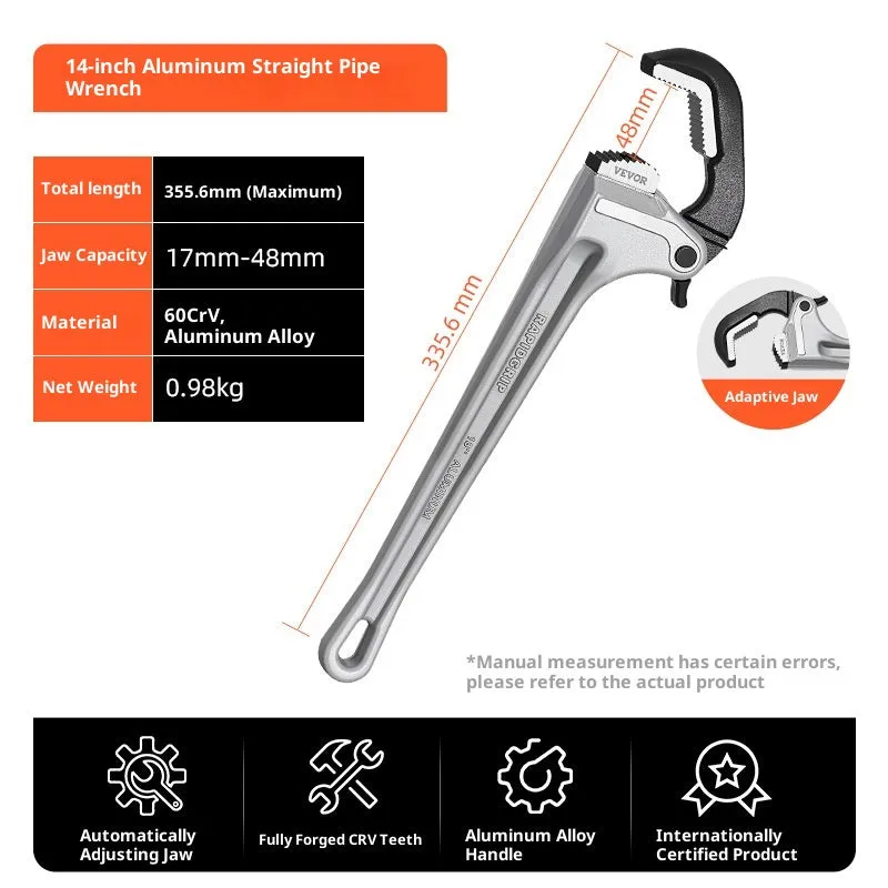 Aluminium heavy straight pipe wrench 18 inch with 95mm jaw opening on grey background
