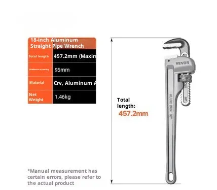 Aluminium heavy straight pipe wrench 18 inch with 95mm jaw opening on grey background