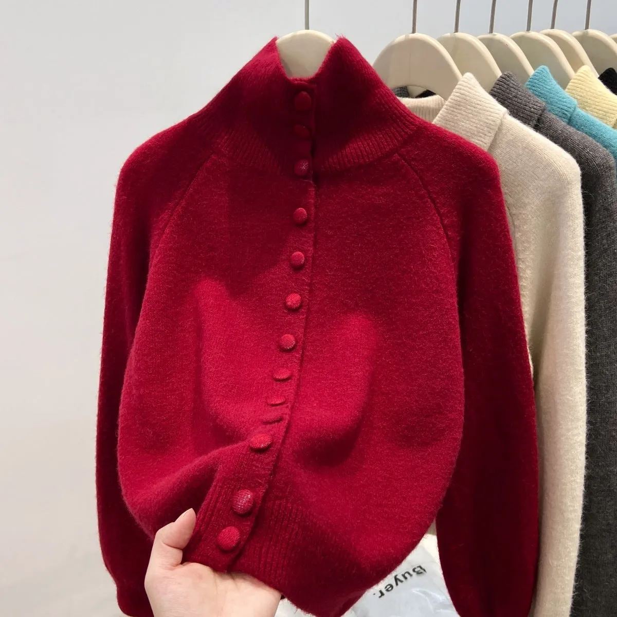Women's turtleneck single-breasted cardigan in thick knitted polyester, button front, loose fit, available in multiple colours