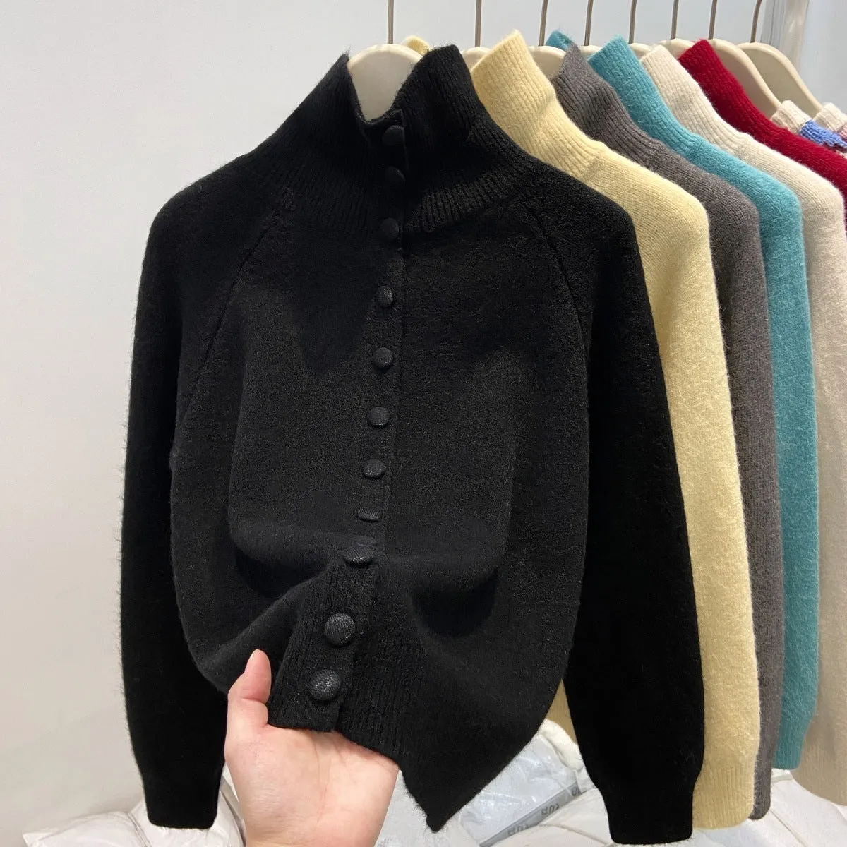 Women's turtleneck single-breasted cardigan in thick knitted polyester, button front, loose fit, available in multiple colours