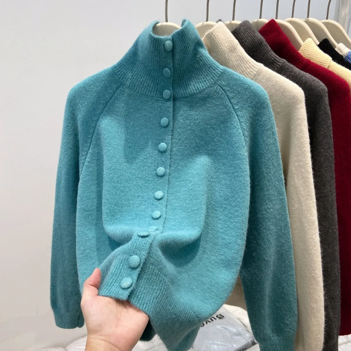 Women's turtleneck single-breasted cardigan in thick knitted polyester, button front, loose fit, available in multiple colours
