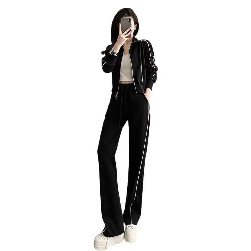 Women's casual two-piece set in white with short zipper sweater and wide leg trousers, polyester fabric, collage stitching