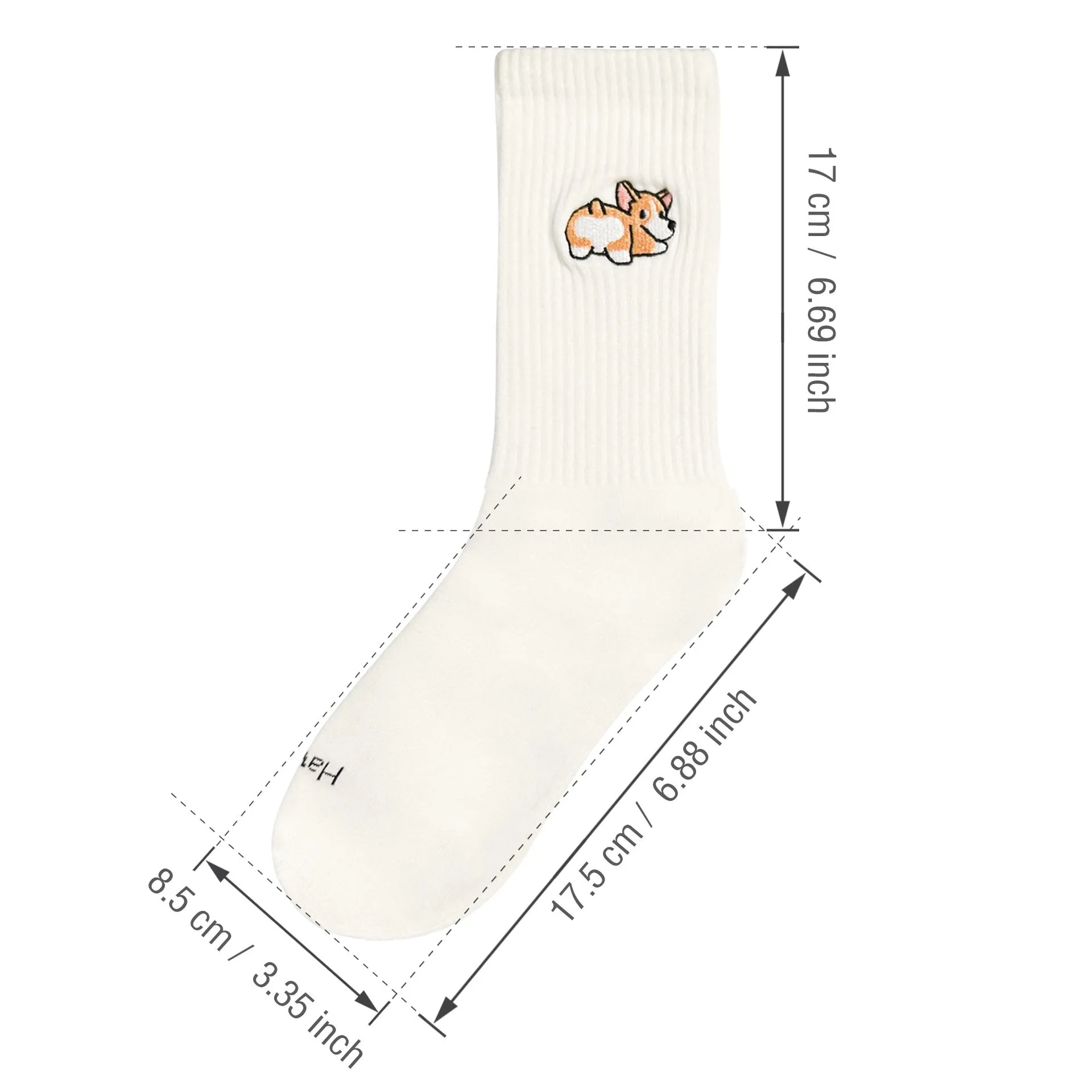 White cotton tube socks with printed Corgi dog pattern on a white background