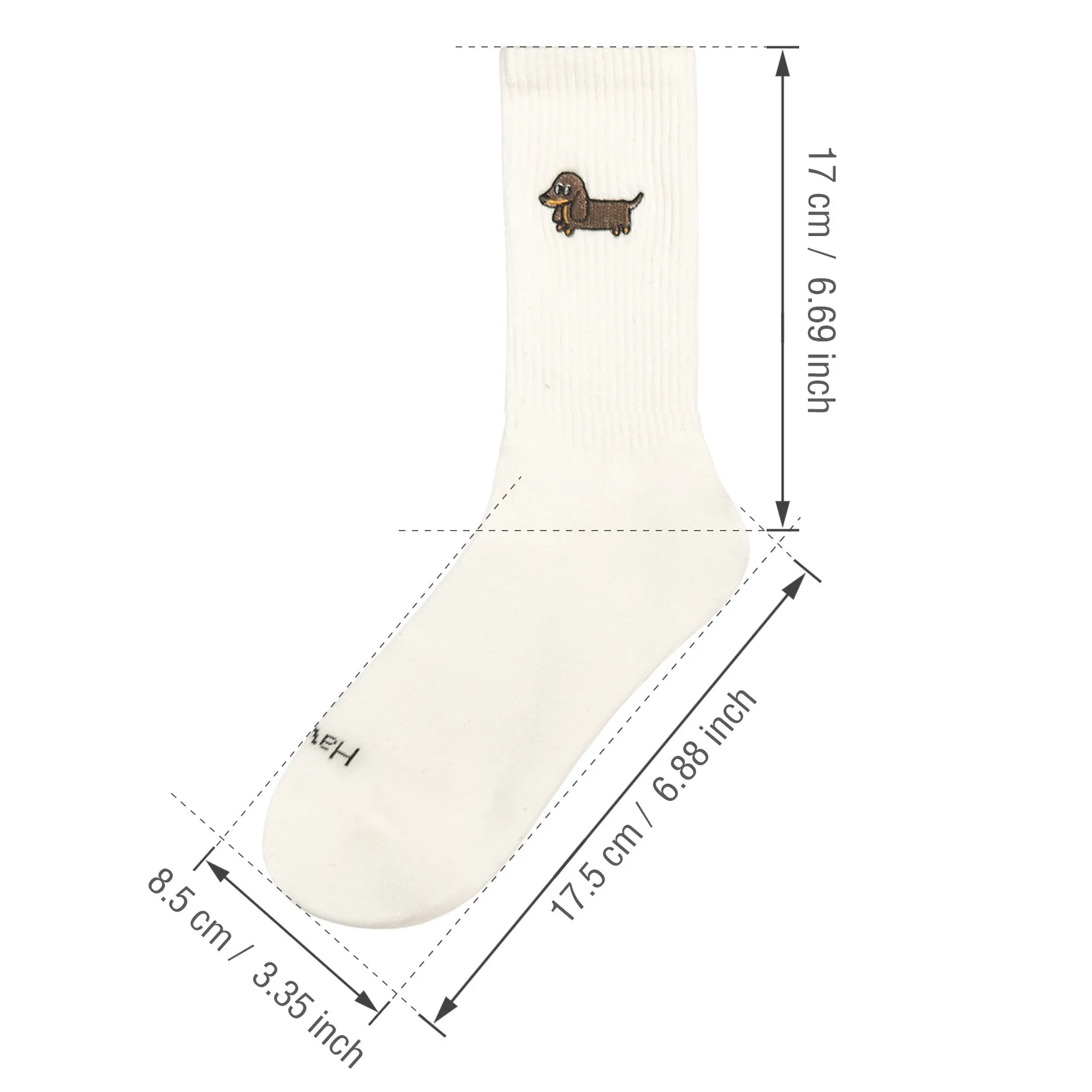 White cotton tube socks with printed Corgi dog pattern on a white background