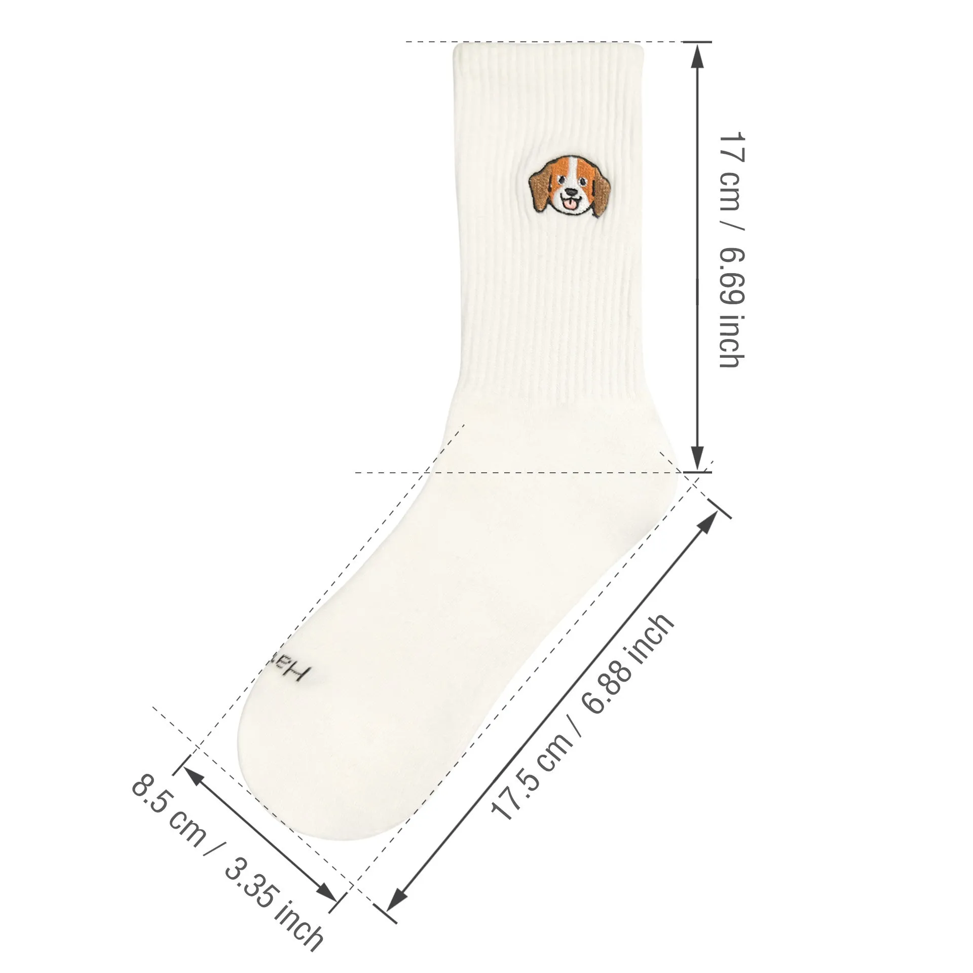 White cotton tube socks with printed Corgi dog pattern on a white background