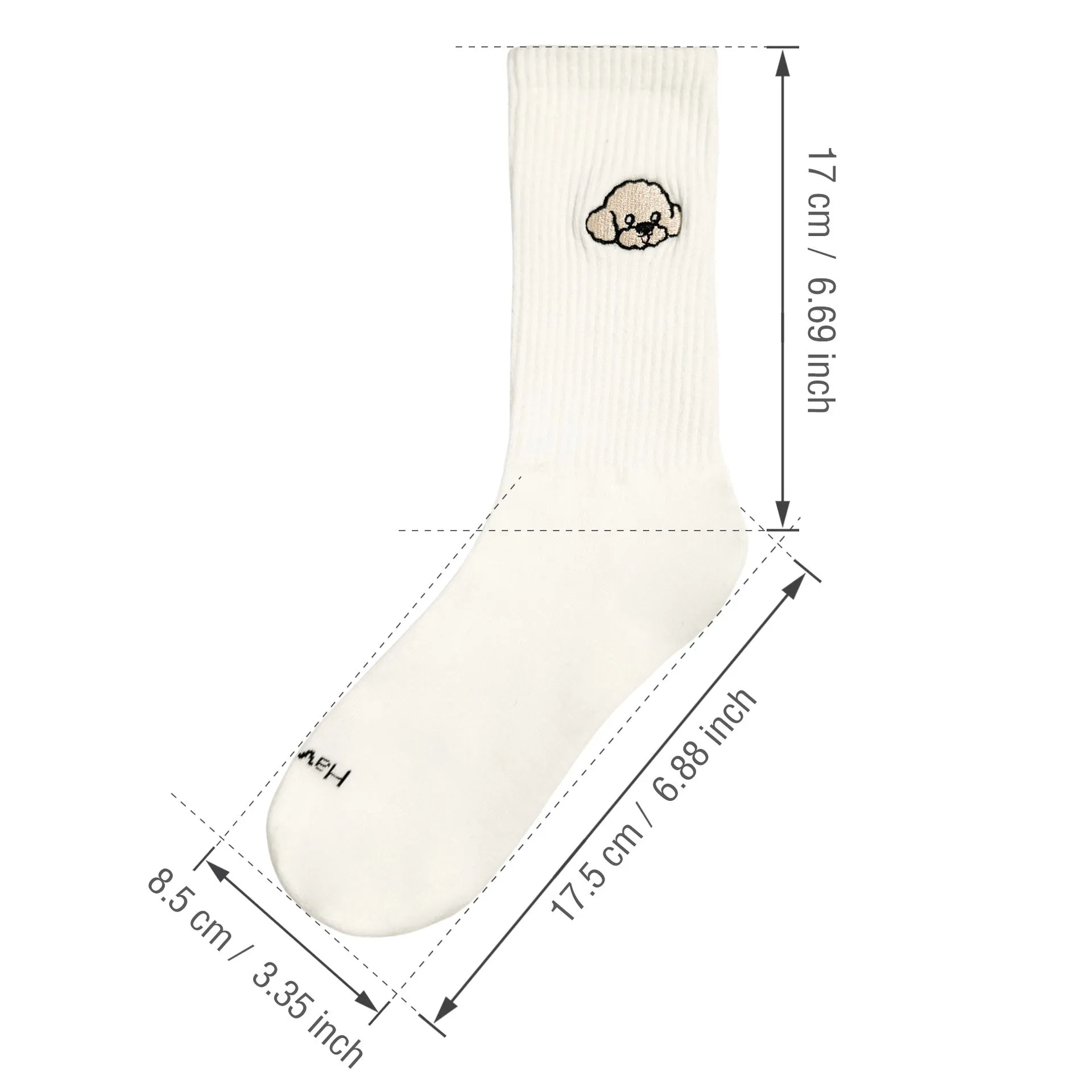 White cotton tube socks with printed Corgi dog pattern on a white background