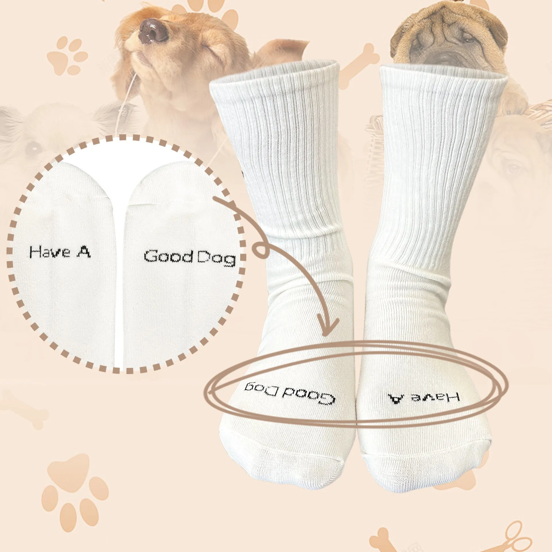 White cotton tube socks with printed Corgi dog pattern on a white background