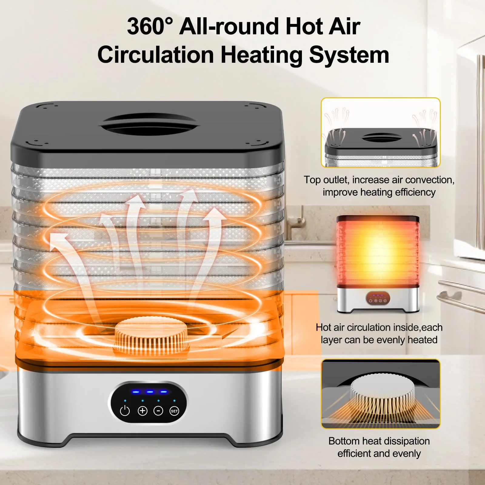 Silver and red food dehydrator with eight stainless steel drying trays, shown with storage dimensions.