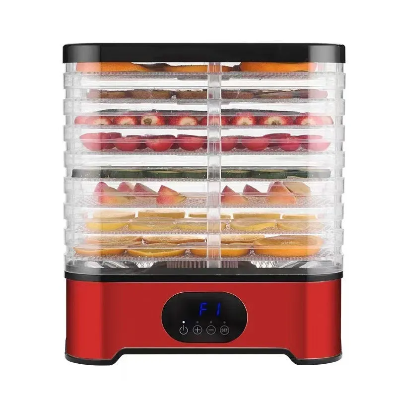 Silver and red food dehydrator with eight stainless steel drying trays, shown with storage dimensions.