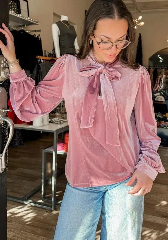 Fuchsia solid colour velvet long sleeve blouse with ribbon bow knot at neck