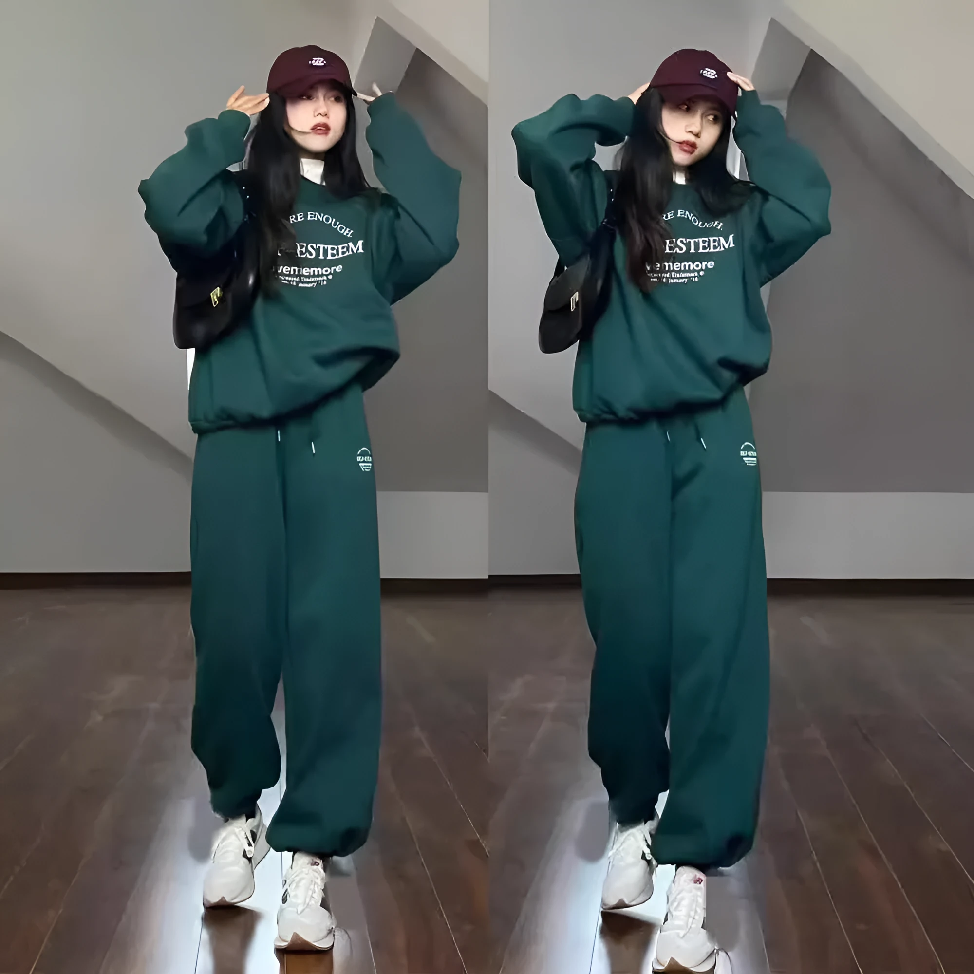 Women's cotton green American-style long-sleeved casual sportswear suit with trousers on a model