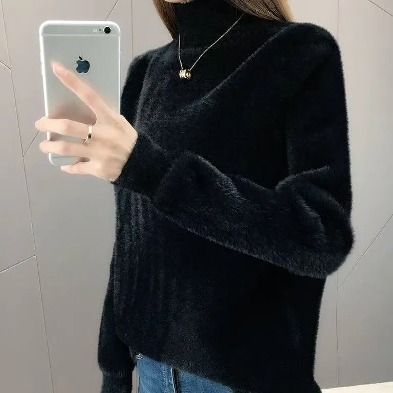 Women's half turtleneck solid colour long sleeve bottoming shirt in black, front view