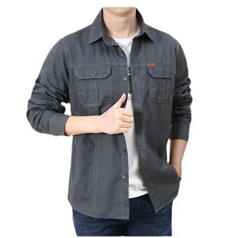 Cotton military style long sleeve loose fit shirt in army green for men spring casual