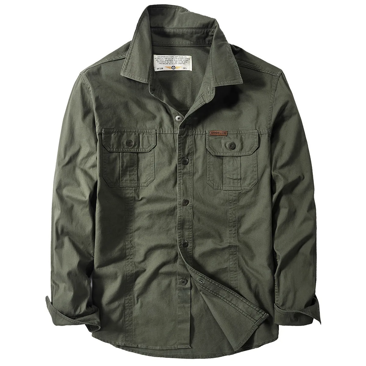 Cotton military style long sleeve loose fit shirt in army green for men spring casual
