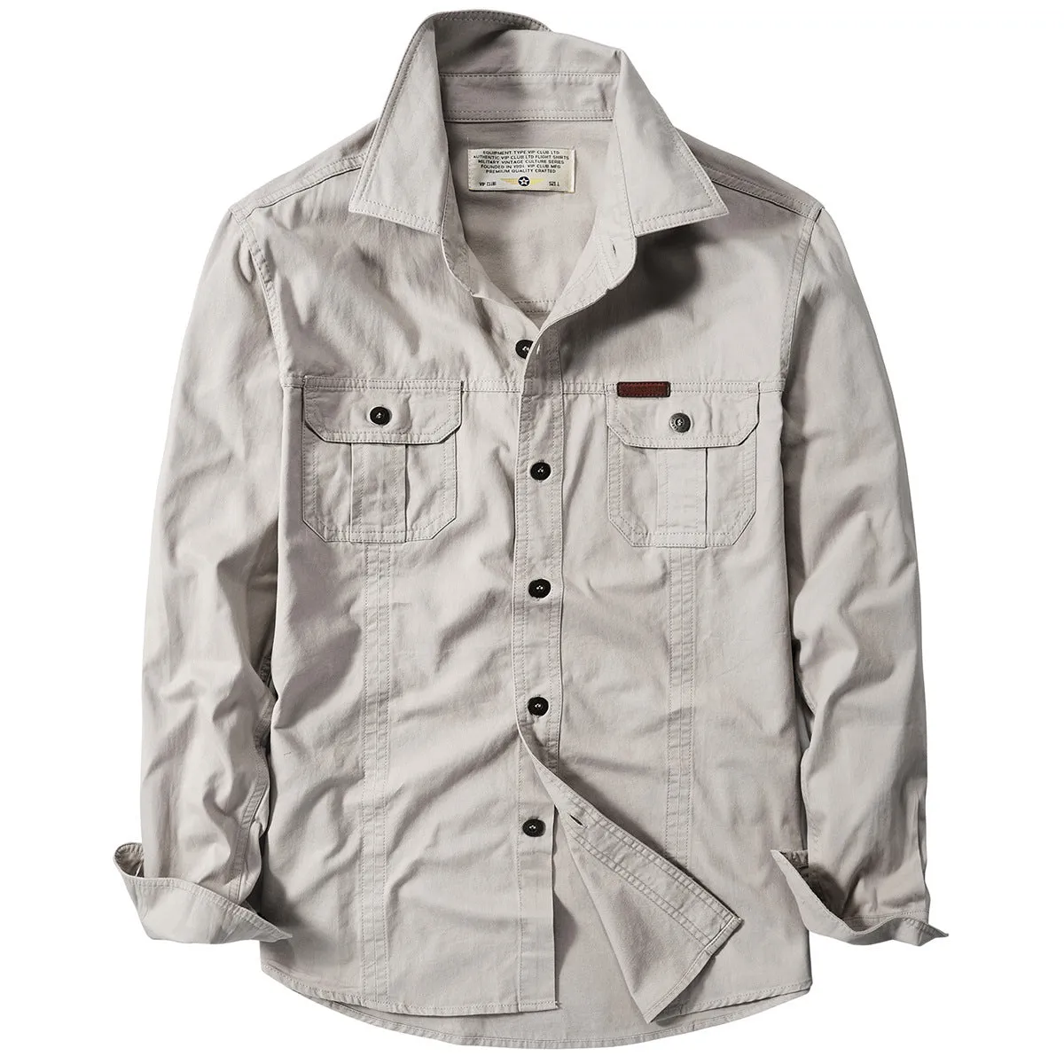Cotton military style long sleeve loose fit shirt in army green for men spring casual