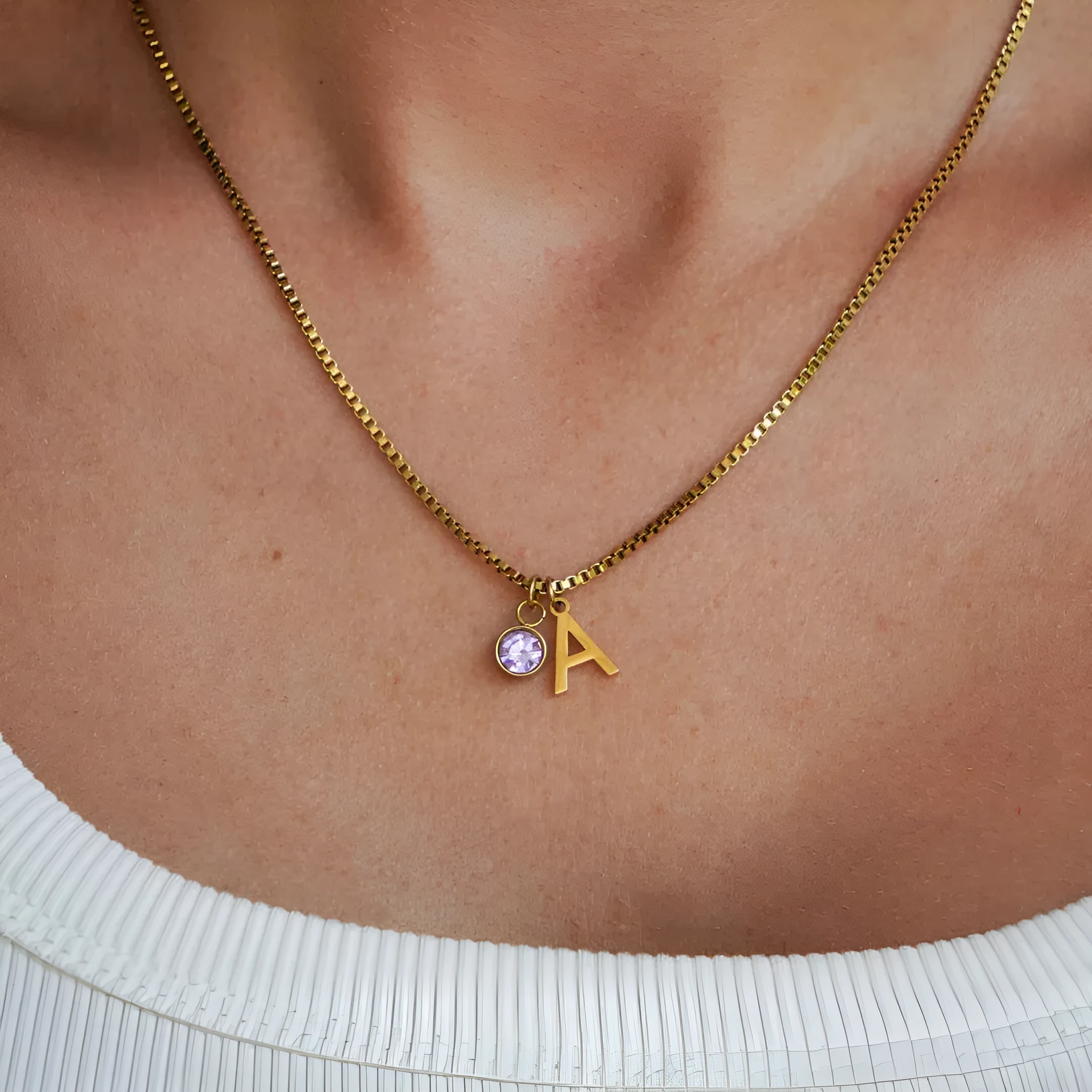 Gold and silver stainless steel birthstone first letter necklace with O-ring chain and personalised pendant