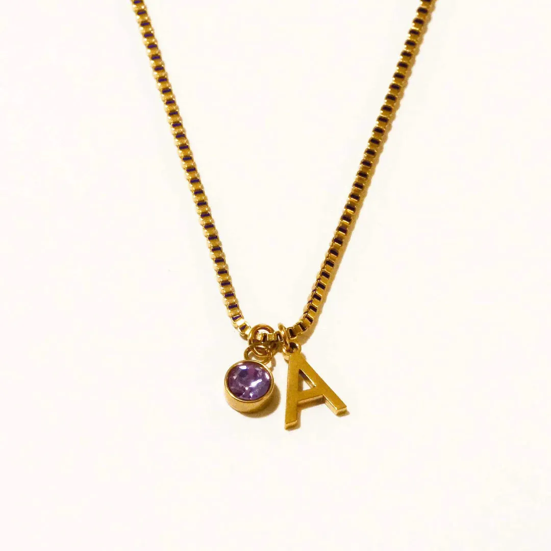 Gold and silver stainless steel birthstone first letter necklace with O-ring chain and personalised pendant