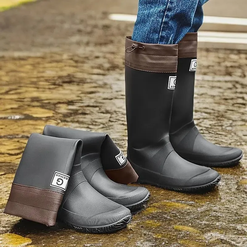 Men's and Women's High Non-slip Wear-resistant Rain Boots in black, with plastic upper and flat heel