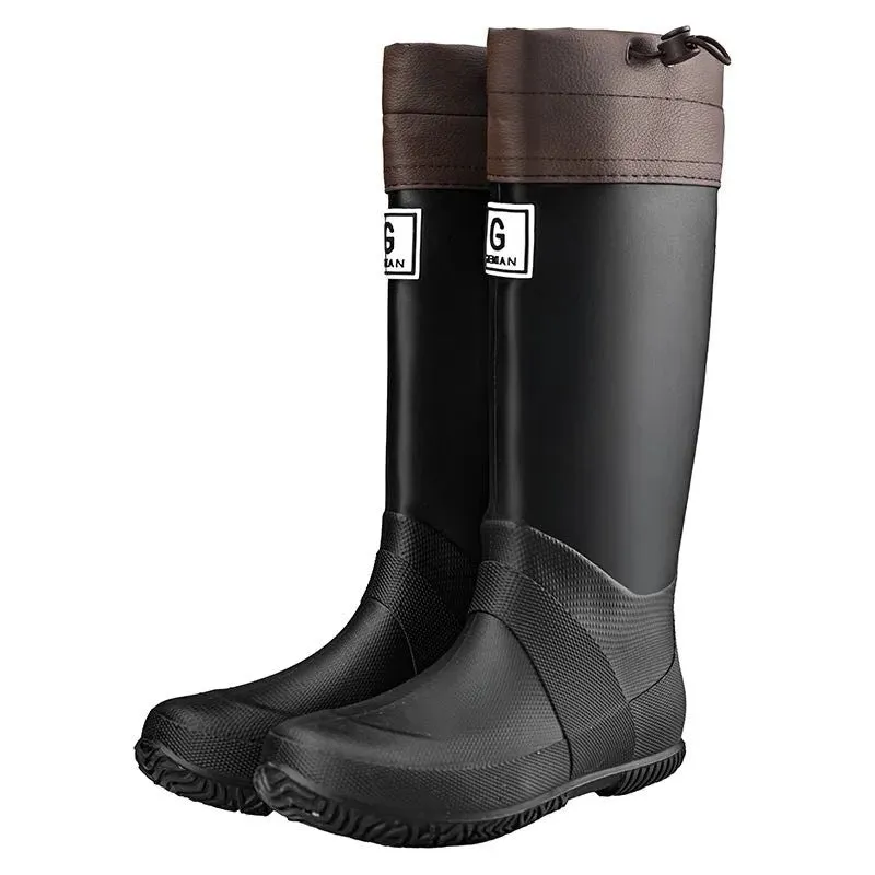 Men's and Women's High Non-slip Wear-resistant Rain Boots in black, with plastic upper and flat heel