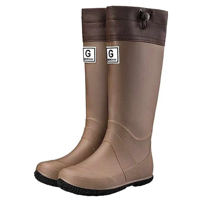 Men's and Women's High Non-slip Wear-resistant Rain Boots in black, with plastic upper and flat heel