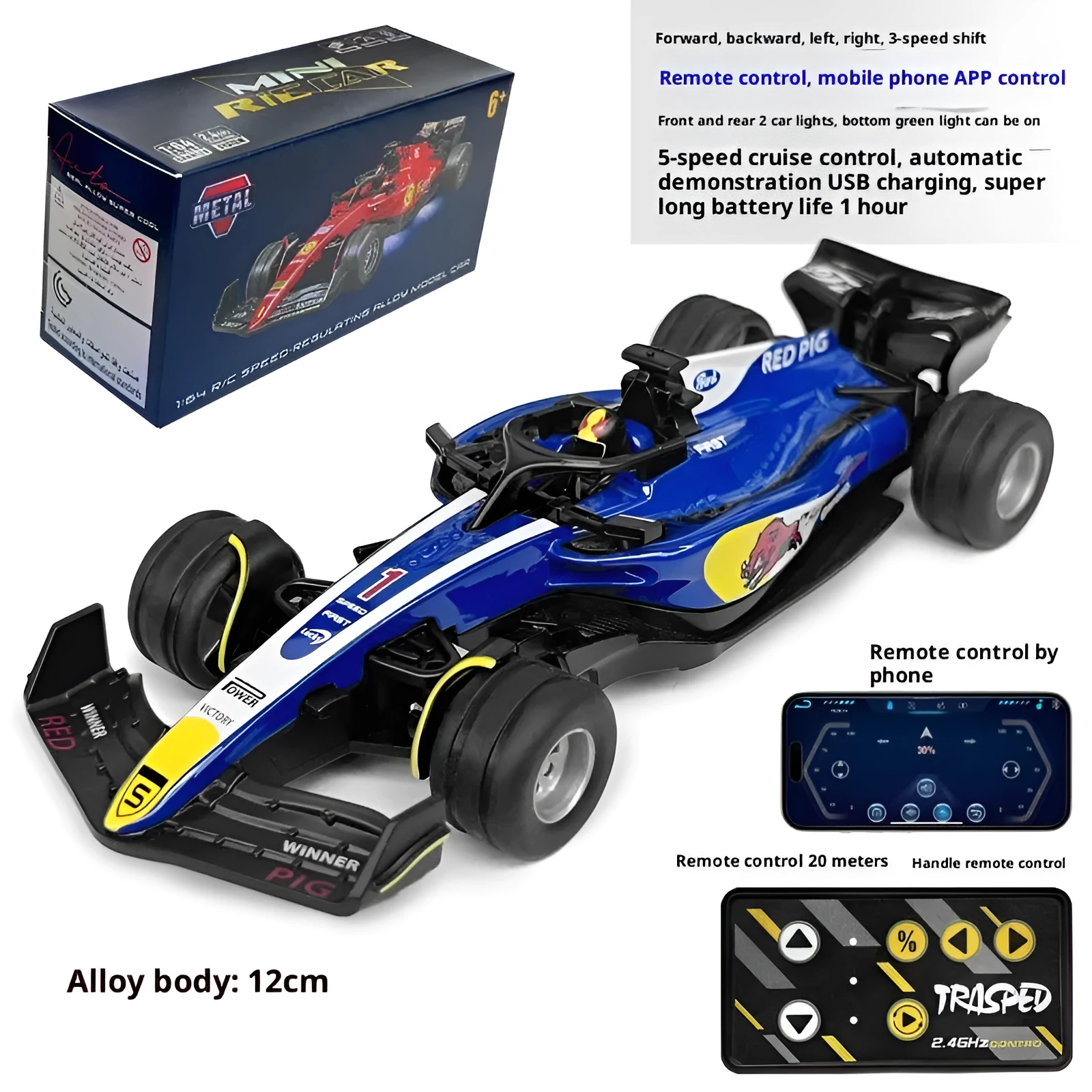 Alloy mini remote controlled F1 racing car with 2.4G control, red colour, on a desk