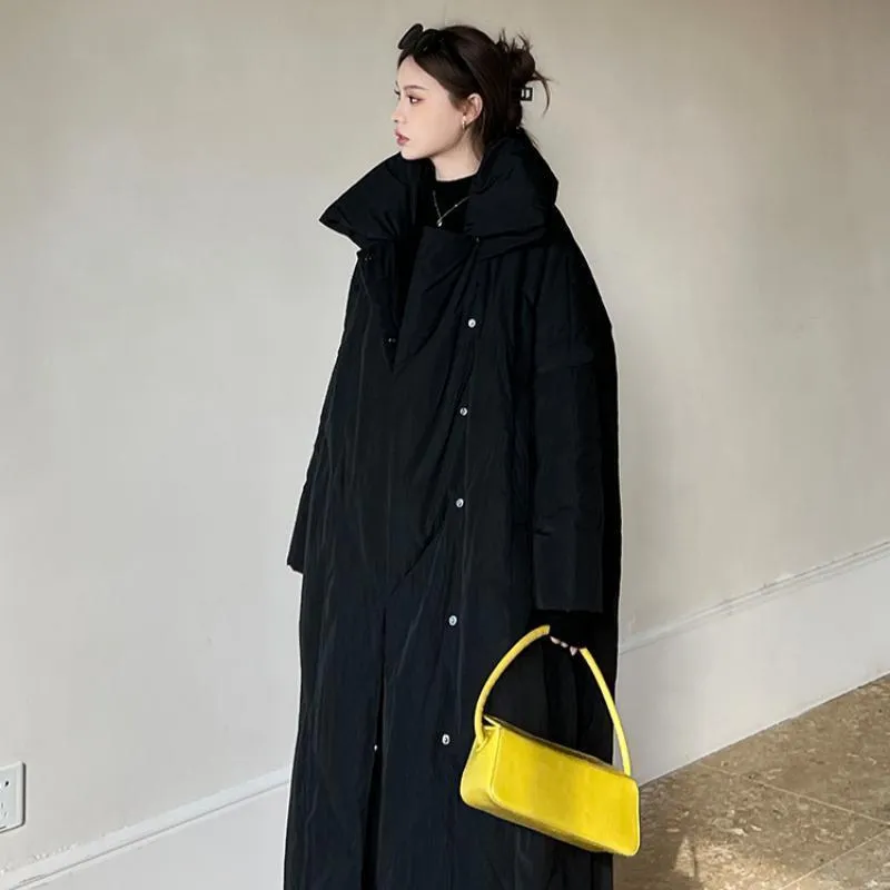 Women's large size mid-length winter coat, loose fit, zip front, available in black and gray, Korean style