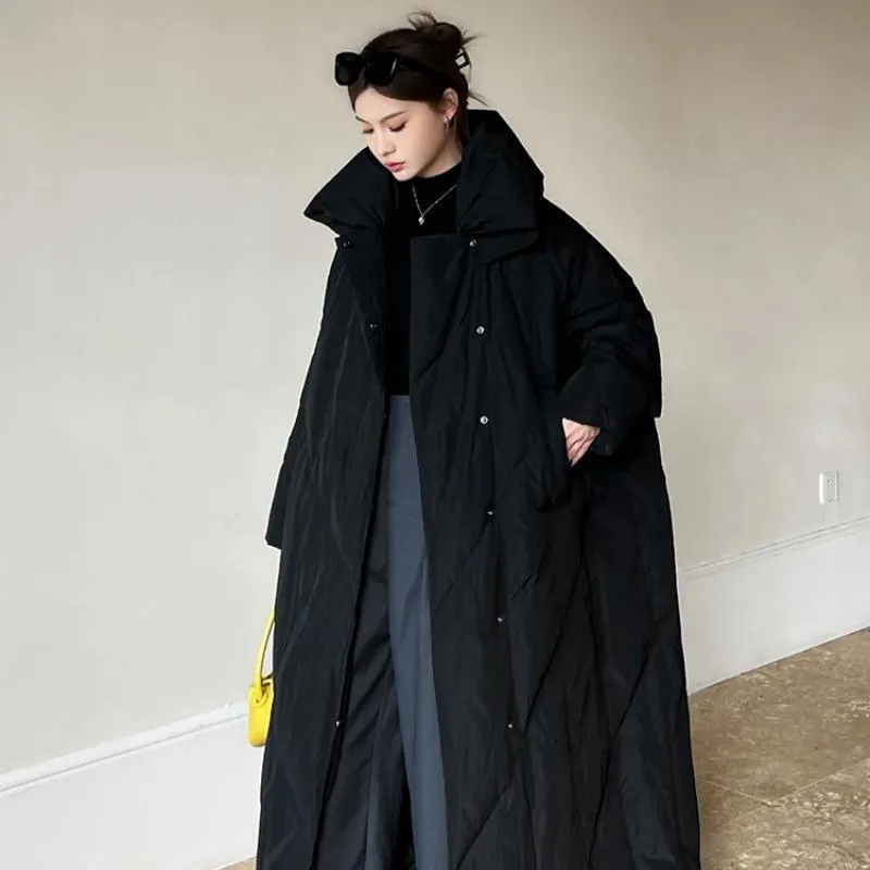 Women's large size mid-length winter coat, loose fit, zip front, available in black and gray, Korean style