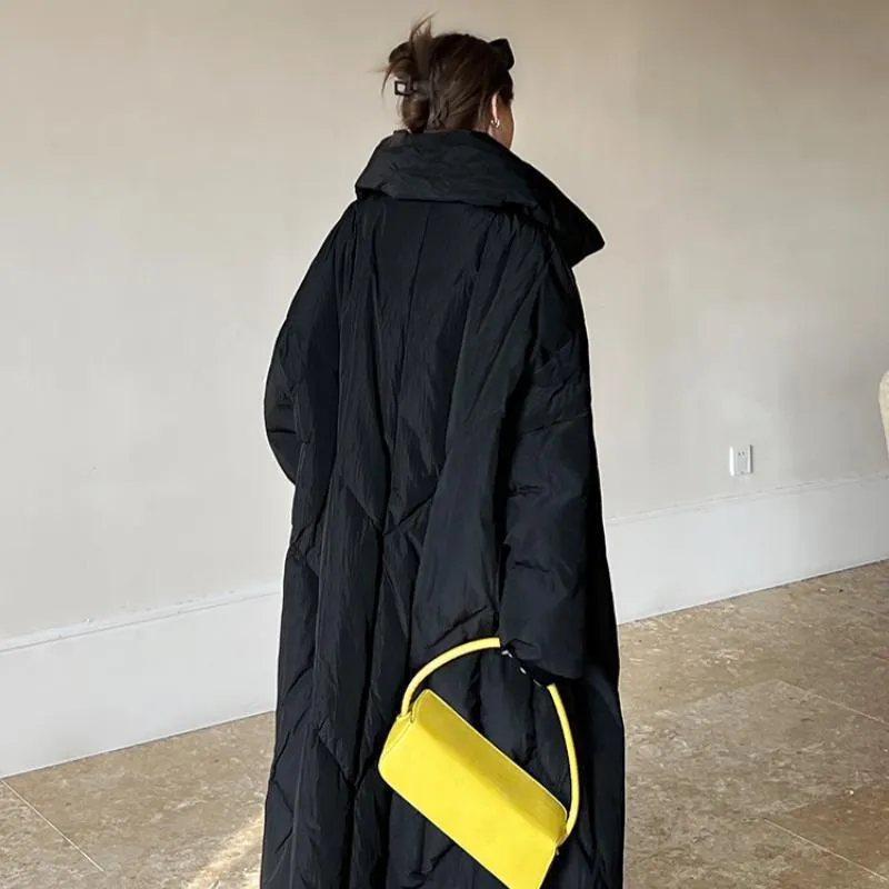 Women's large size mid-length winter coat, loose fit, zip front, available in black and gray, Korean style